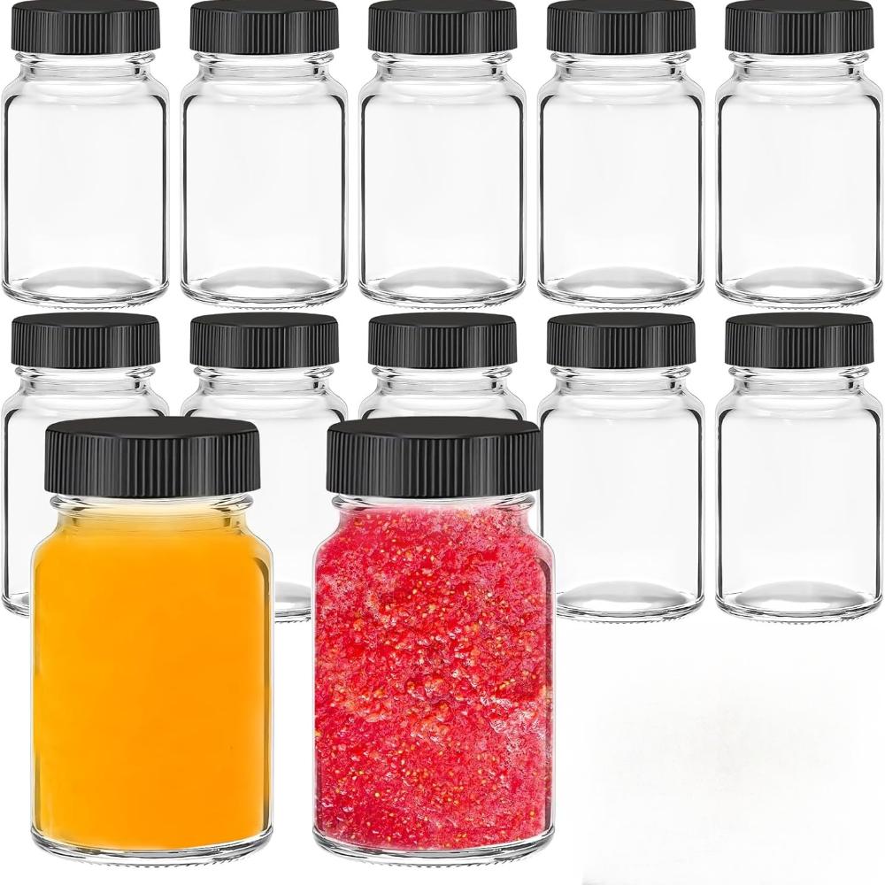 Glass Shot Bottles with Lids, 12 Pack 2oz Ginger Shot Bottles with Labels, Leakproof Wide Mouth Small Glass Jars with Lids for Juice, Ginger, Spices