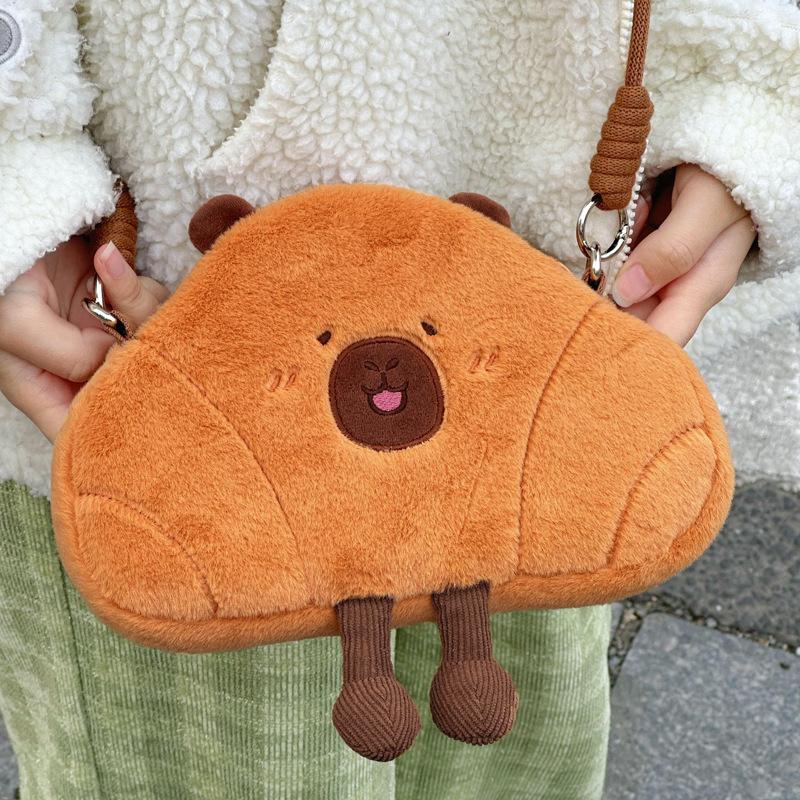 Croissant Capybara Plush Crossbody Bag Cartoon Kawaii Bread Capibara Soft Large Capacity Shoulder Bag Woman Bag Birthday Gift