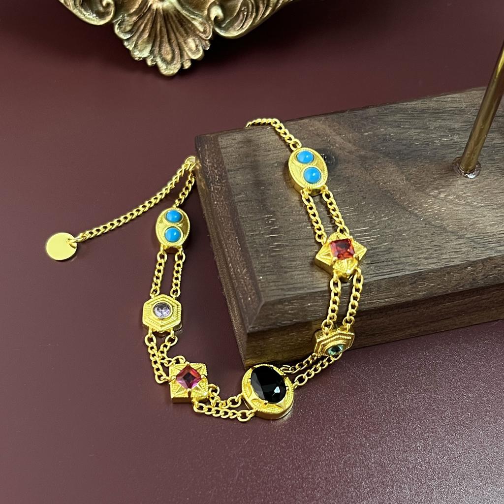 French Sweet Xiaoqing Color Double-Layer Bracelet Gold-Plated Western Retro Niche Temperament Medieval Jewelry Women