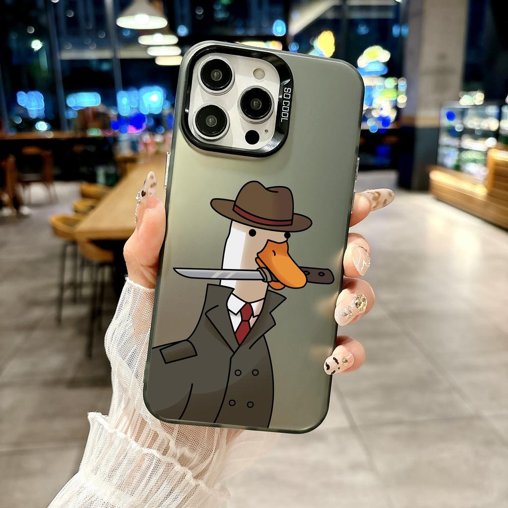 Color Phone Case For iPhone 17 16E 16 11 15 14 Pro MAX 12 13 MINI 7 8 Plus XR SE Silver Plated IMD Cover Cartoon Doubt Duck