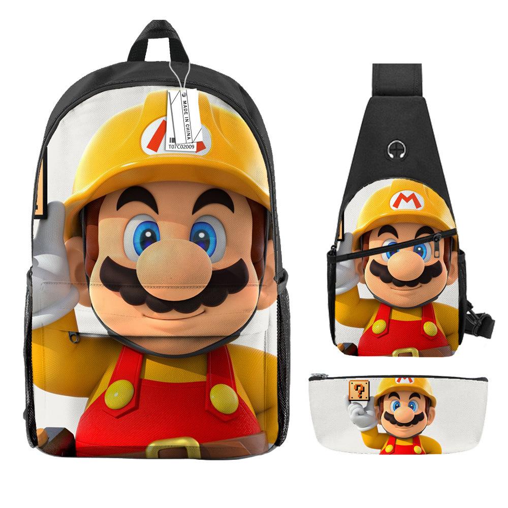 Animation Backpack, Super Mary Primary School Student Print Children'S Backpack Satchel Pencil Case Three-Piece Set