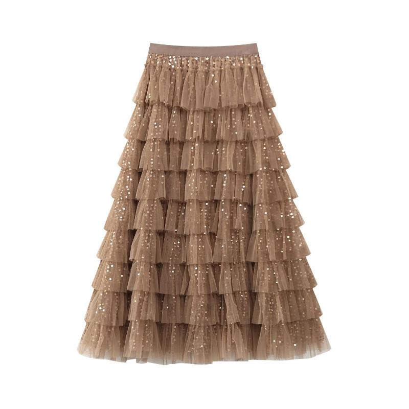 Qooth Sequin Tiered Cake Maxi Skirt for Women Fluffy Tulle Layered Full Flare Half Skirt with Sparkly Finish QT3003
