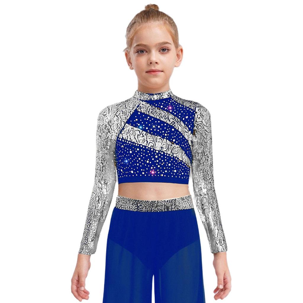 Mädchen Rollkragen Langarm Pailletten Strass Crop Top Cutout Rücken Druckknopf Tanz Top