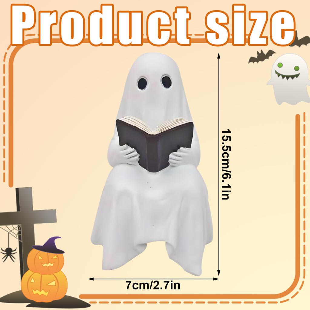 Halloween Cute Ghost Statue Reading Book Ghost Resin Sculpture Ornament Lovely Figurine for Office Home Tabletop Decoration Gift