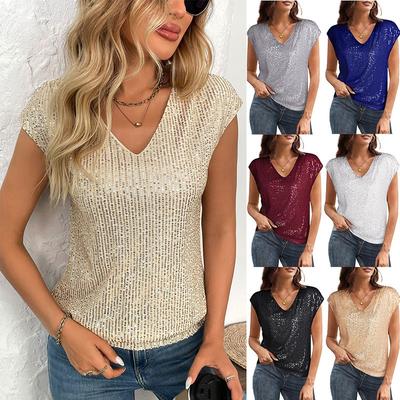 Women's Summer V-neck Sequin Short-sleeved Top Vest