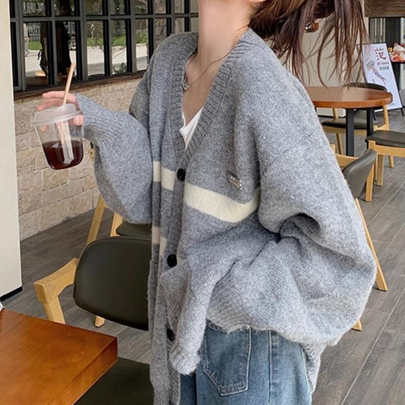 

Американский кардиган в стиле хай-энд колледжа с карманами, осенне-зимний, полосатый, контрастного цвета, с V-образным вырезом, куртка-свитер, ленивый 410-242 (average size) серый