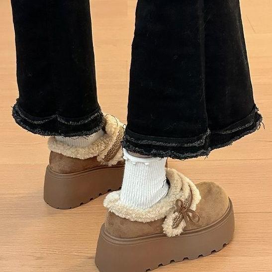 Wear bow-tied cotton shoes outside, winter platform cotton shoes, thick soles are high, warm and high snow fluffy shoes are high