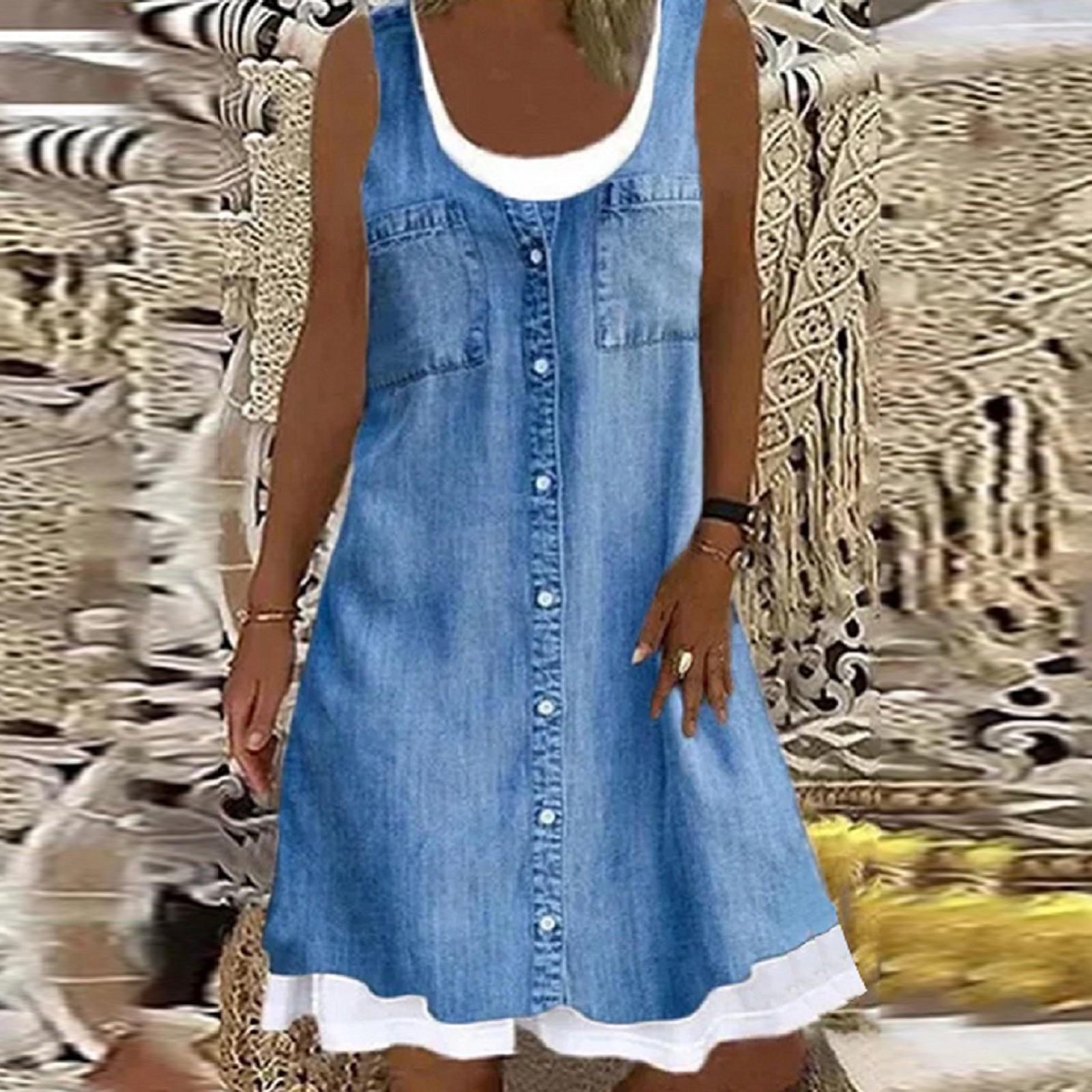 

Модное женское свободное повседневное платье без рукавов с фальшивым воротником и круглым вырезом XL