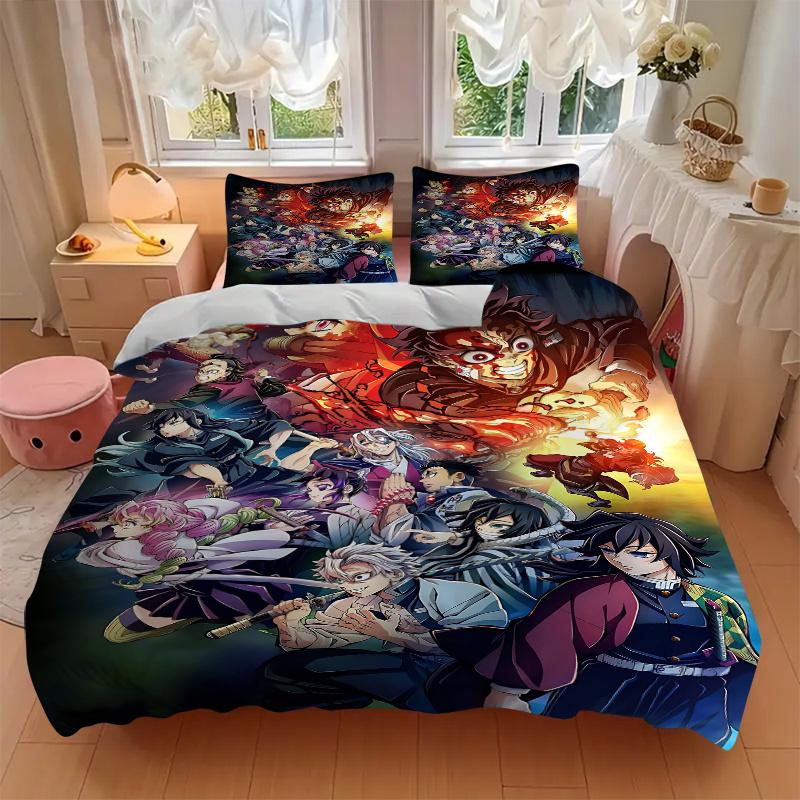 3pcs Cartoon Demon Slayer Quilt Set - Soft and Comfortable Bedroom, Guest Room and Dorm Decor Bedding Set 1 Quilt Cover + 2 Pillowcases.L008