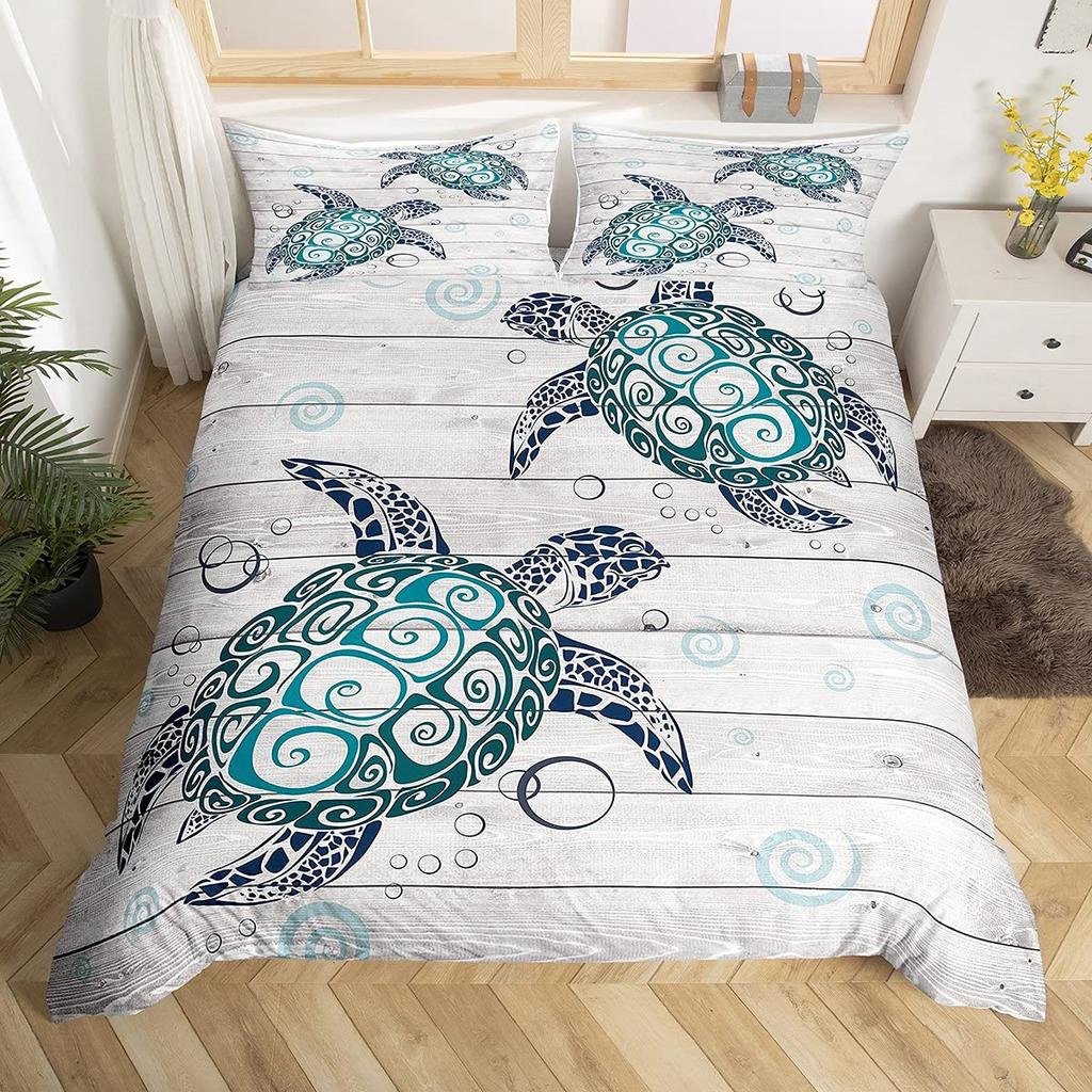 Sea Turtle Duvet Cover Set King Size Watercolor Tortoise Butterfly Comforter Cover for Boys Girly Dreaming Style Bedding Set