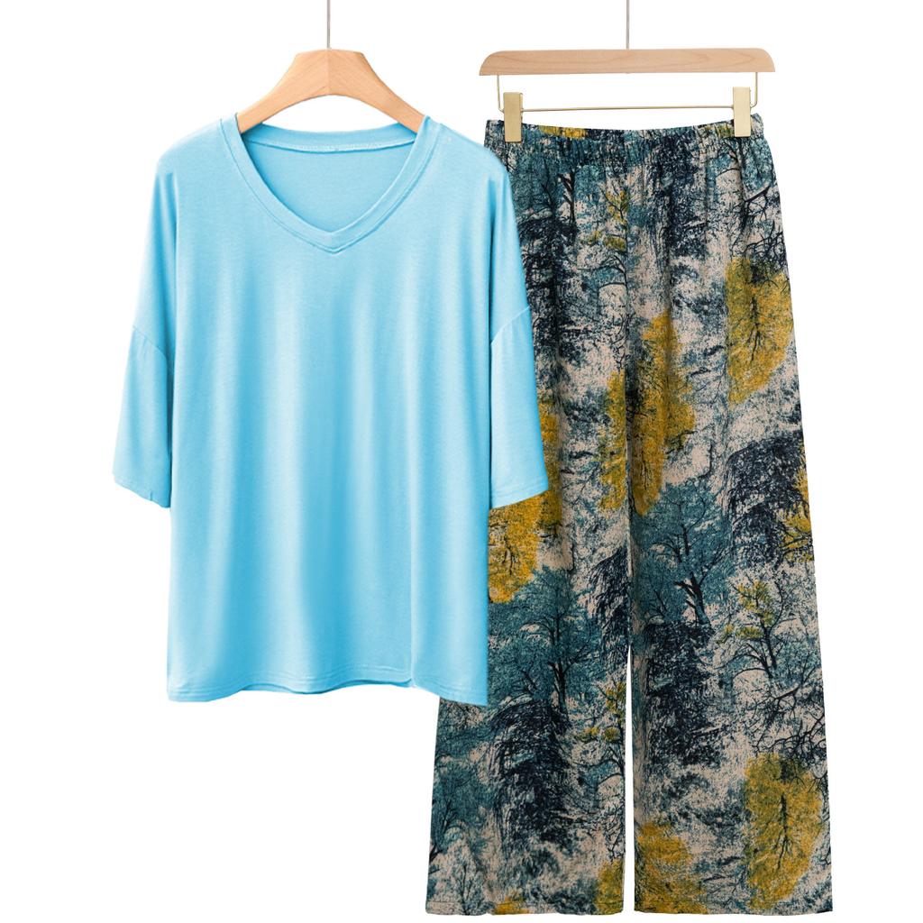 Pajamas Women's Spring and Summer New V-neck Short-sleeved Cotton and Linen Pants European and American Large-size Loungewear Two-piece Set