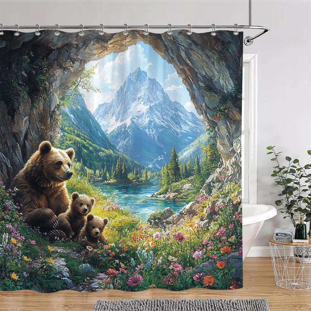 Brown Bear Shower Curtain, Colorful Floral Plants Outdoor Landscape Oil Painting Art Creative Shower Curtain Bathroom Decoration