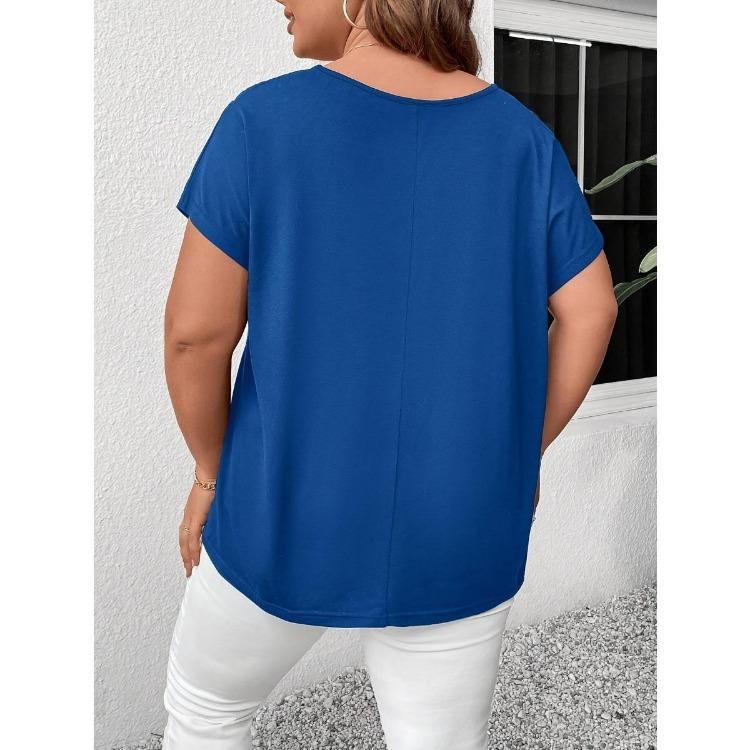 Plus Size Women T-Shirt Elegant Cross Strap Detail Solid Color Short Sleeve Fashion Top