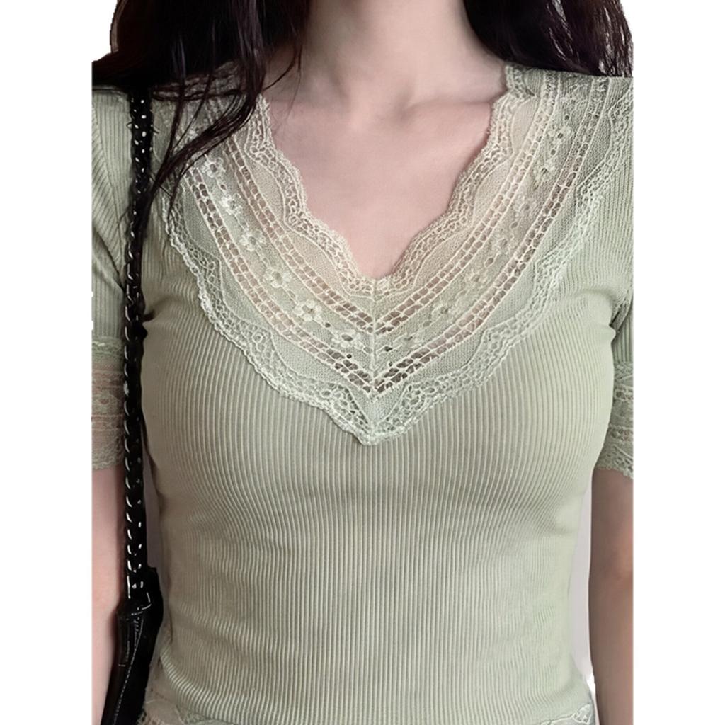 Gram Cotton Green Lace Top Summer New Temperament Women's Beautiful Slim Slim Slim Short-sleeved T-shirt