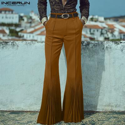 Men Zip-up High Waist Wrap Patchwork Pleated Hem Casual Long Trousers Pants