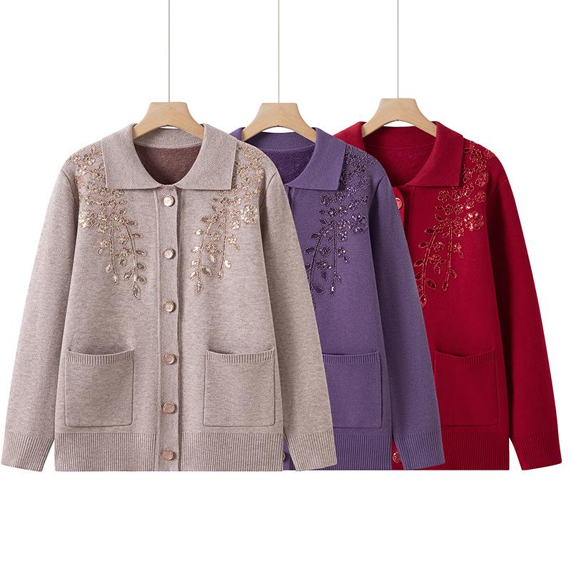 Grandma's Winter Knit Cardigan: Cozy Plus Velvet Sweater for Middle-Aged and Elderly Women