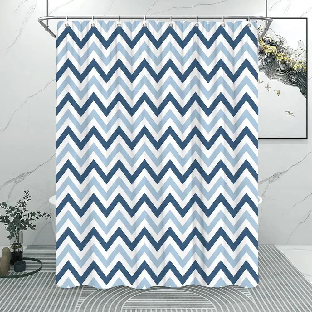 Cortina de Chuveiro Minimalista de Linha Abstrata Lavável em Tecido Cortina de Banho em Tecido Rústico Listrado Decoração de Banheiro de Casa de Fazenda