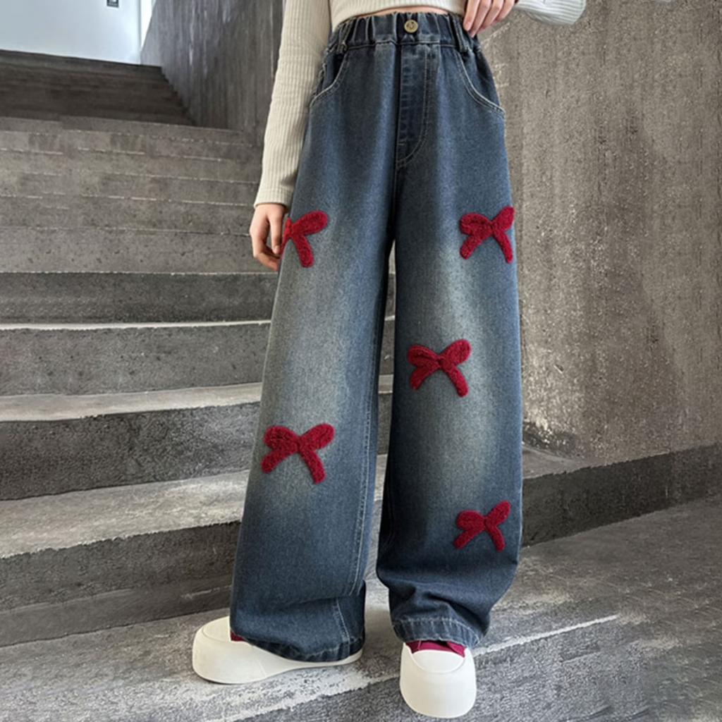 Girls High Waist Denim Wide Leg Pants with for Casual Everyday Wear