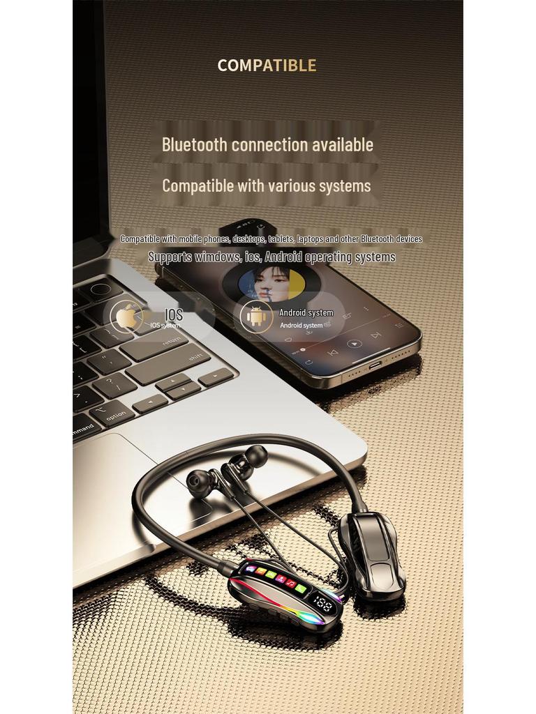 Wireless Neckband Bluetooth Headphones with Long Battery, Memory Card Slot, K-Song Ear Monitor, and HD Call Function.