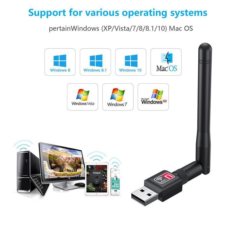 Adaptateur WiFi 150 Mbps Carte réseau sans fil USB 8188ETV Dongle récepteur Wi-Fi 2,4 GHz à gain élevé avec antenne Adaptateurs Ethernet pour PC portable