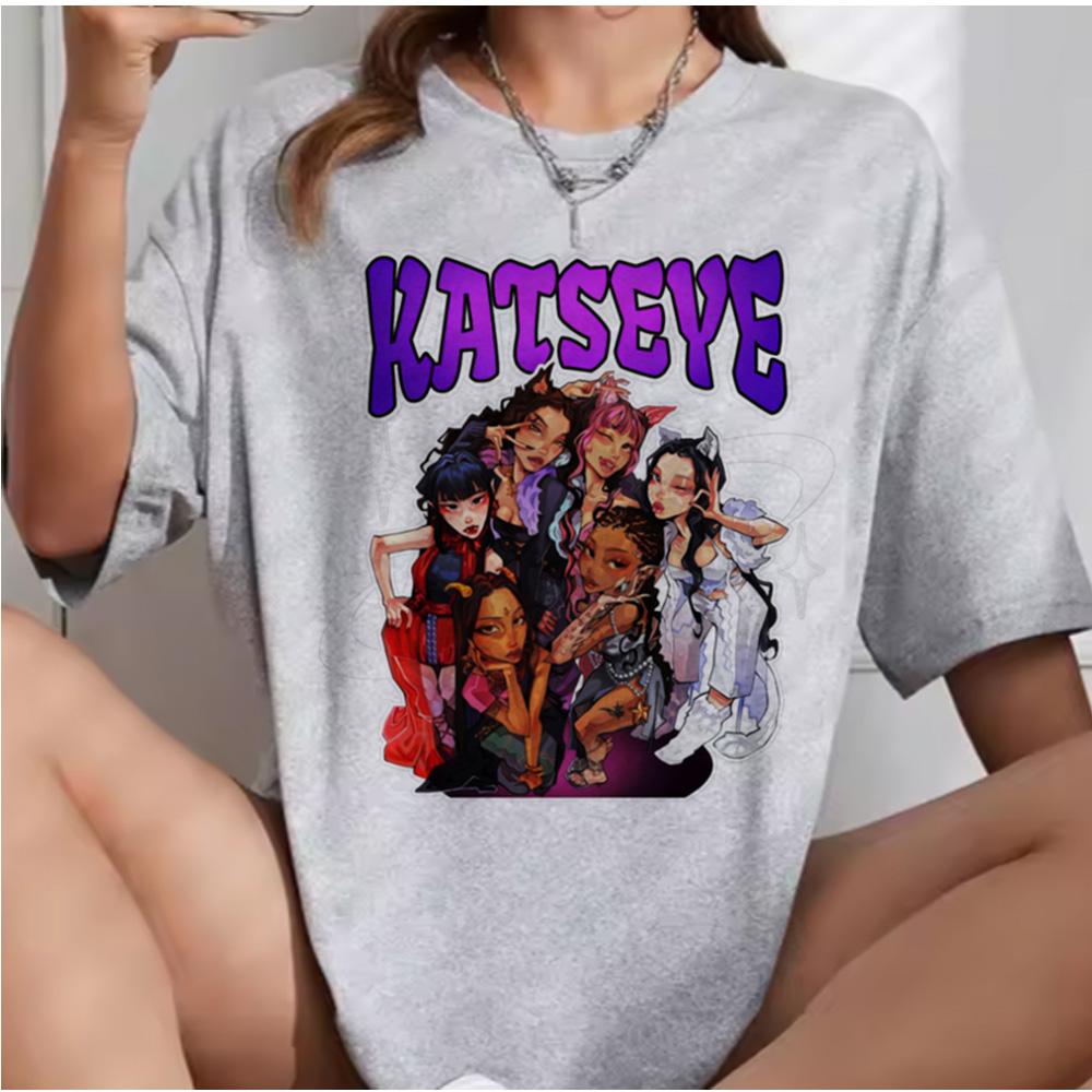 Katseye Beautiful Chaos Pink Gray T-shirts Kpop Tee Women and Unisex Oversized Tee Graphic Short Sleeve T-Shirt Unisex Tops