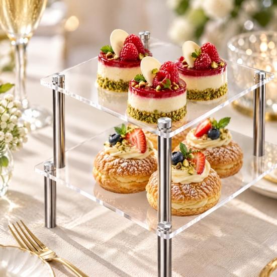 Modern Tabletop Show Case Acrylic Cake Stand, Multi-Tier Food Display Clear Cupcake Holder, Sturdy Handcrafted Item Shelf Adjustable Metal Support for