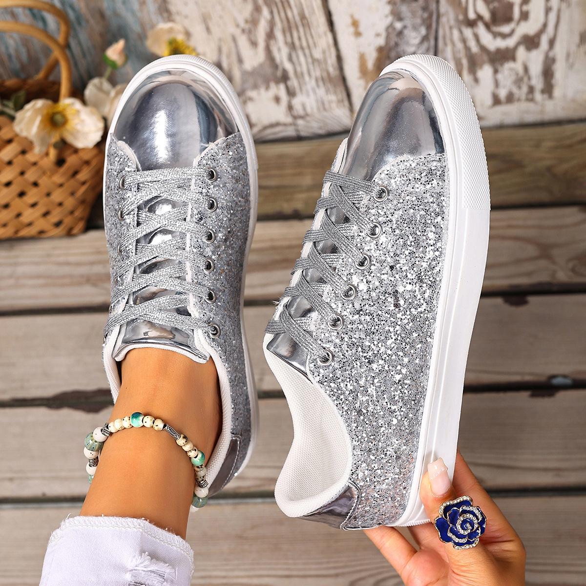 

2025 Summer New Arrival Plus Size Sequined Front Lace-Up Solid Color Oversized Sneakers 43 срібний