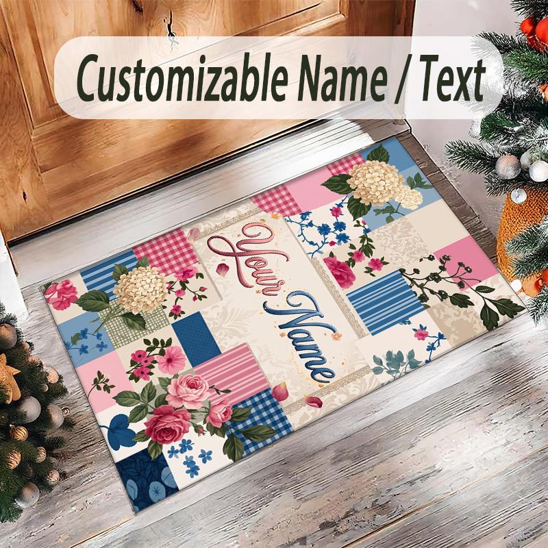 Floral Theme Crystal Velvet Rug Personalized Custom Name Text Soft Floor Mat Home Decor