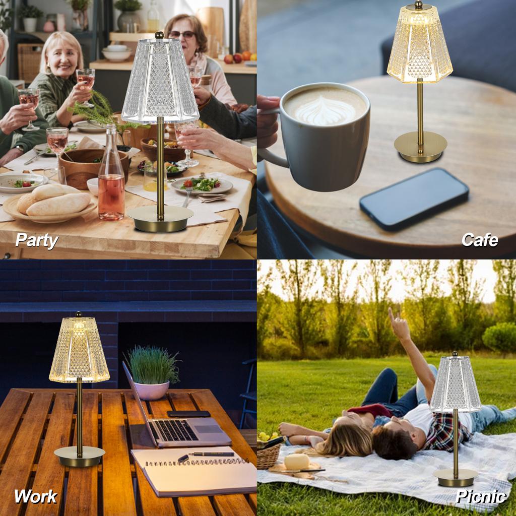 LED Cordless Table Lamp Touch Control Desk Lamp Crystal Metal Bedside Lamp 3 Light Colors