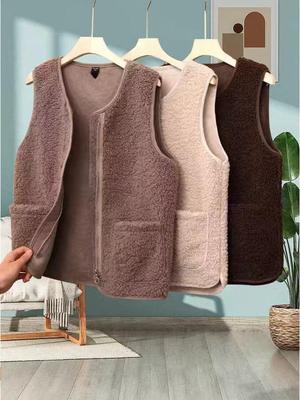 Women's Lambswool Faux Fur Zipper Vest - Sleeveless, Warm, Versatile Outerwear for Autumn & Winter