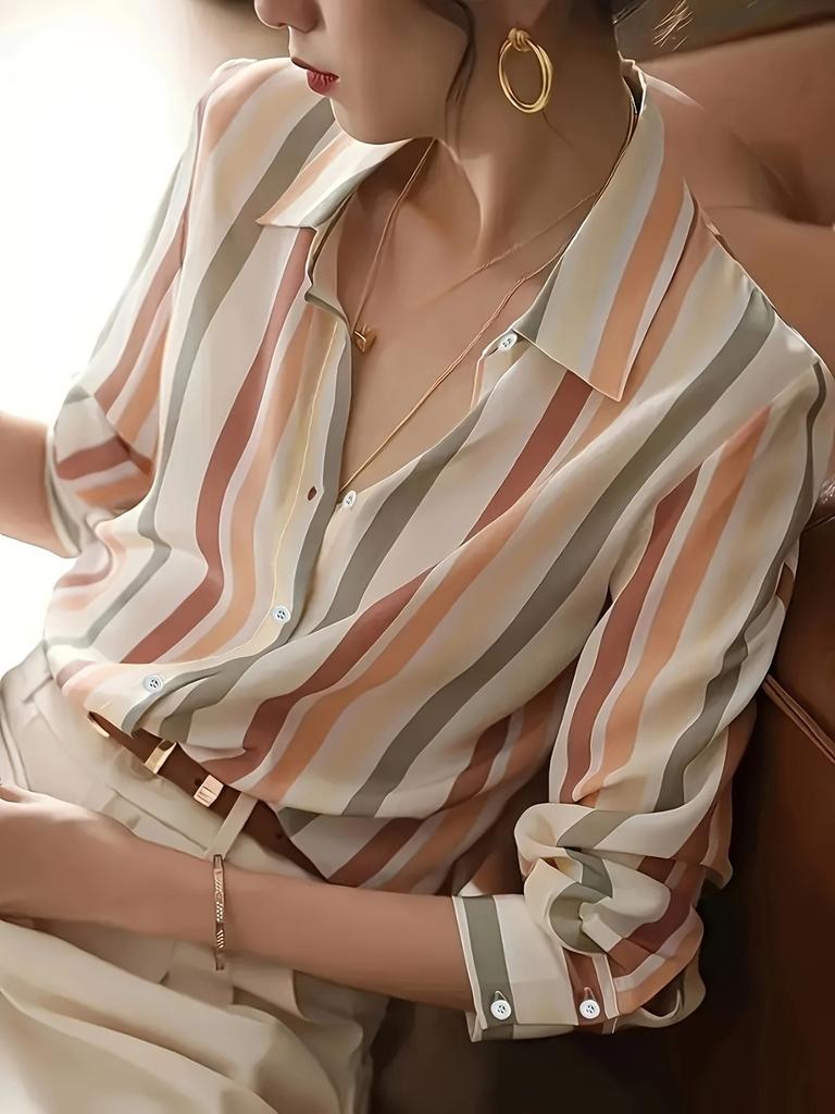 Ladies' Temperament Lapel Contrast Stripe Print Shirt