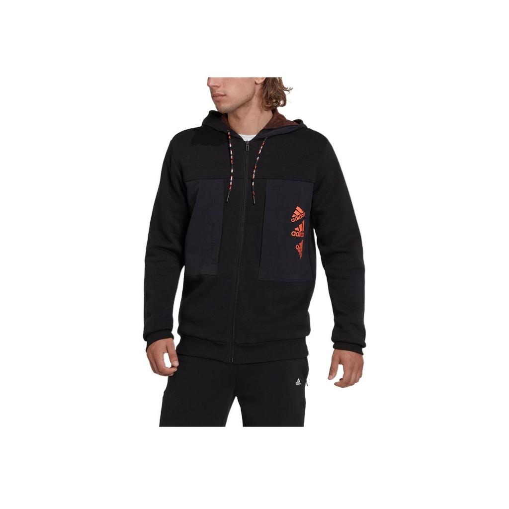 Adidas Spliced Design Brand Logo Printed Fleece Thickened Hooded Jacket Men Jacket Black HL9380