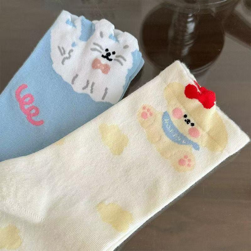 Women's Blue Mid-Calf Socks - Cute Cartoon Puppy Design, Perfect for Spring and Summer
