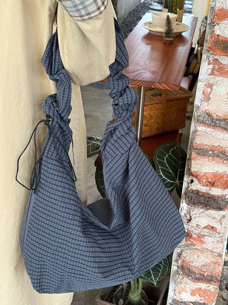 2025 Korean Retro Plaid Canvas Drawstring Tote - Large Commuter Shoulder/Crossbody Bag