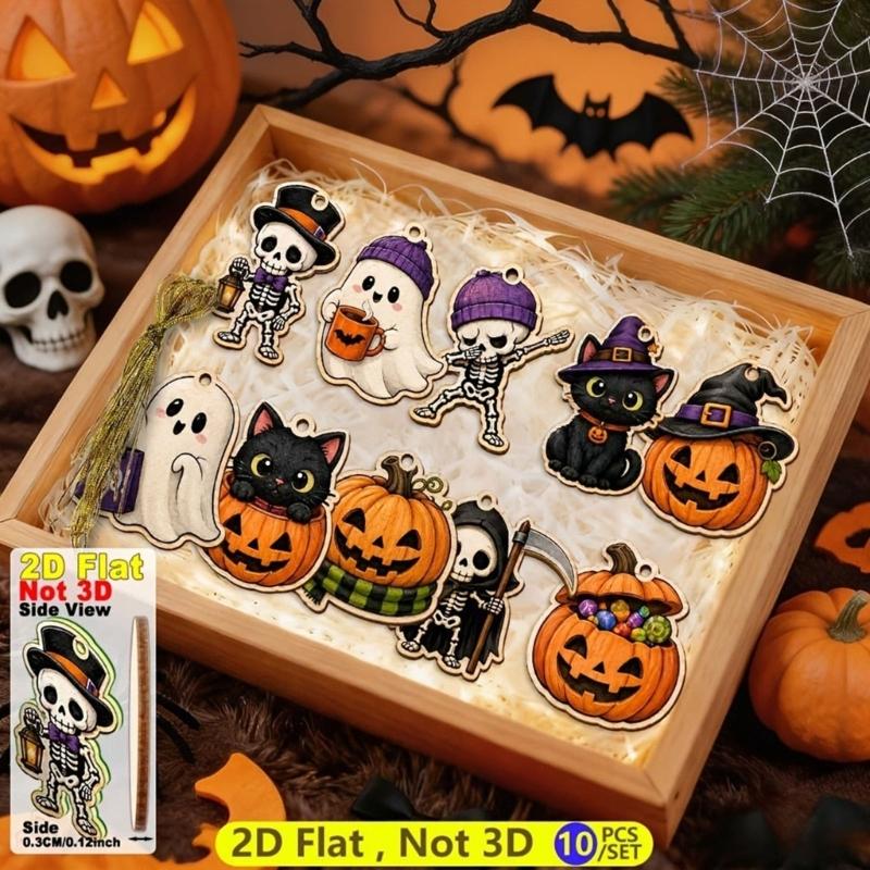 Seasonal Hanging Sign Set for Halloween, 10 Wood Character Cutouts with String Hangers for Entry Area, Room Styling, and Party Display