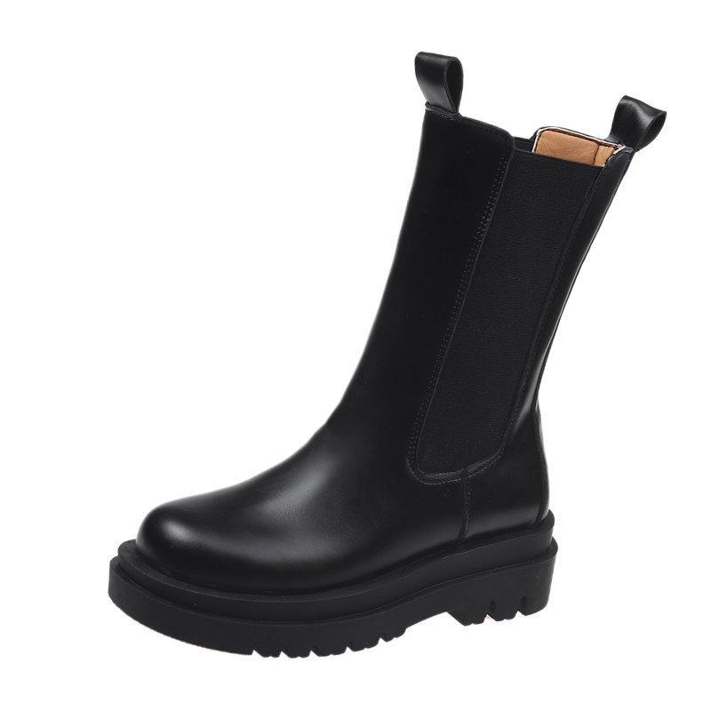 Women's thick-soled short boots, autumn new medium tube thin boots, round head elastic cigarette boots