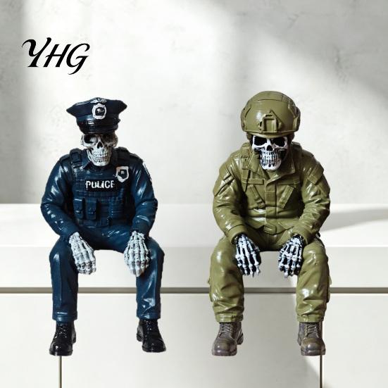 Skull Collection Pieces Halloween Skeleton Ornament, Policeman/Military Resin Gothic Figurine, Spooky Bookshelf Decorations Dark Style Sitting