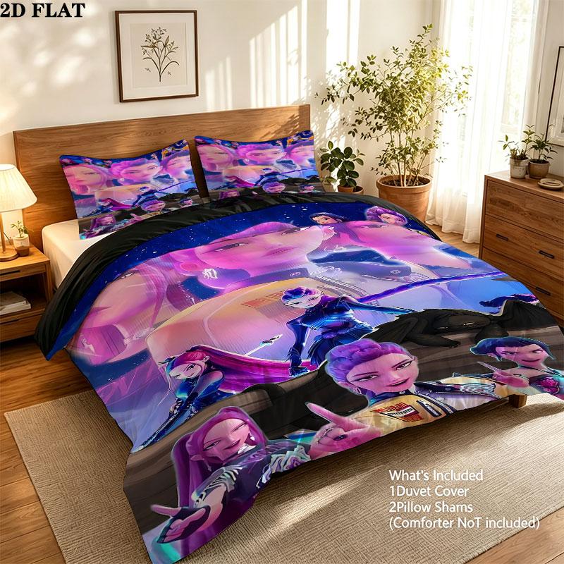 Kpop Demon Hunters Pattern Bedding Quilt Set Quilt Cover Pillowcase Home Birthday Gift(1 * duvet cover + 2 * pillowcase, without core)
