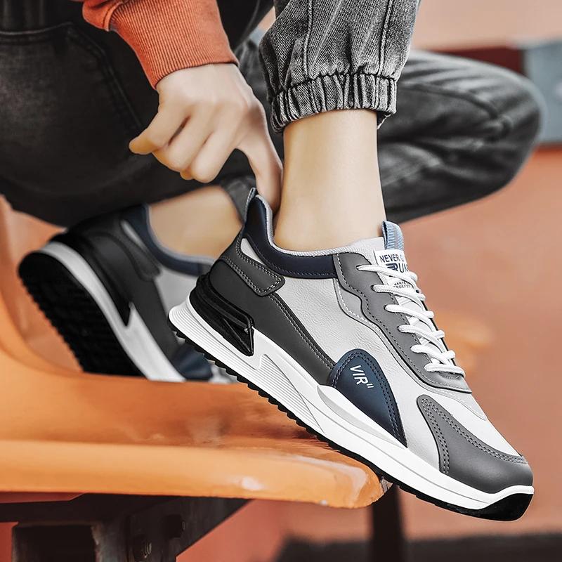 New Men's Sneakers Four Season Leather Breathable Casual Sport Shoes High Quality Trendy Anti-slip Lace Up Walking Running Shoes