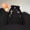 Unisex Hooded Zip-Up Sweatshirt With Cross Flock Embroidery Oversized Warm Fleece Lined Pullover Winter Casual Wear