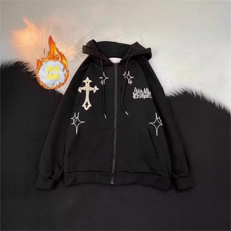 Unisex Hooded Zip-Up Sweatshirt With Cross Flock Embroidery Oversized Warm Fleece Lined Pullover Winter Casual Wear