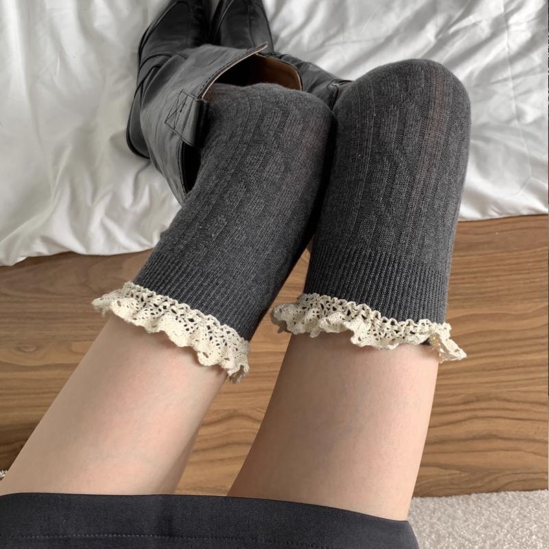 Herfst/Winter Preppy Stijl Sokken tot Over de Knie met Kantrand Effen Kleur Verticale Strepen Compressiekousen