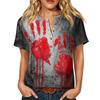Women's Halloween Print Button Down Short Sleeve Cotton Linen Shirt with Chest Pocket