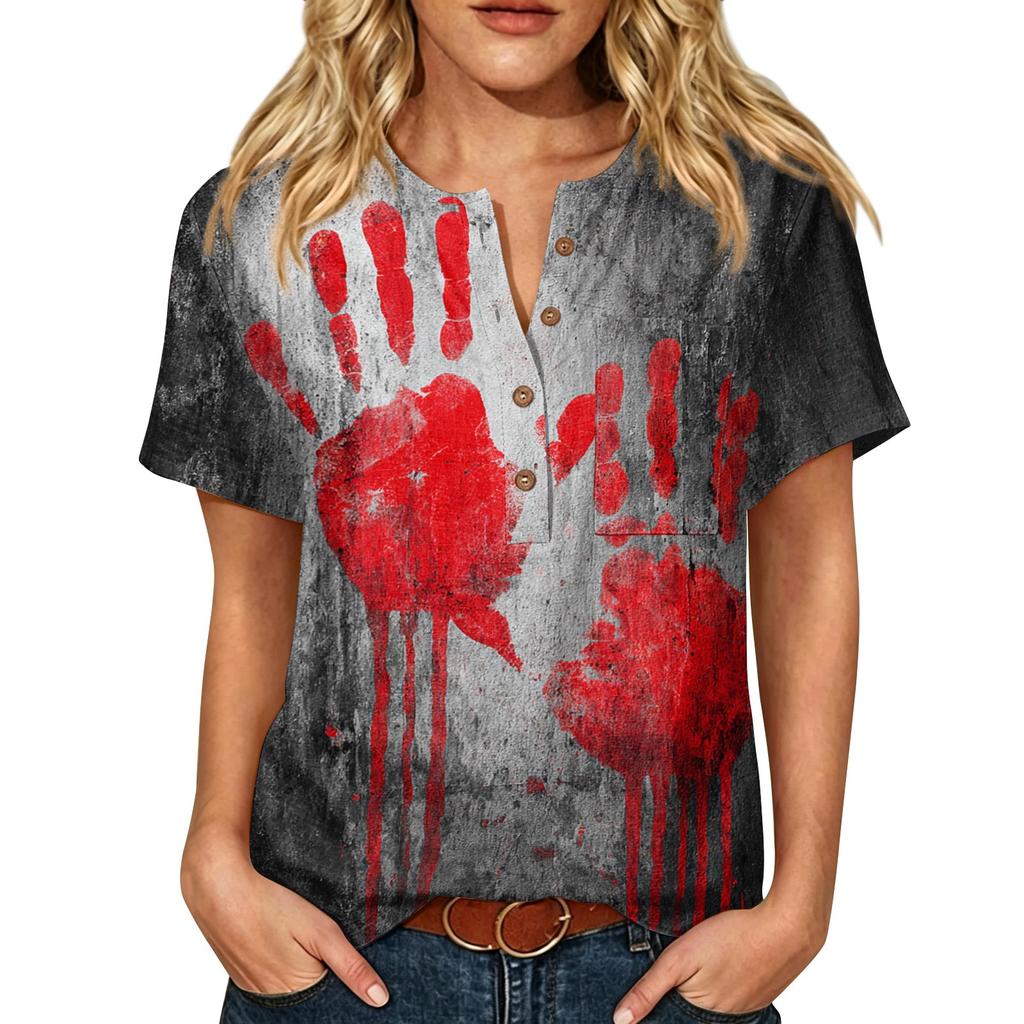 Women's Halloween Print Button Down Short Sleeve Cotton Linen Shirt with Chest Pocket