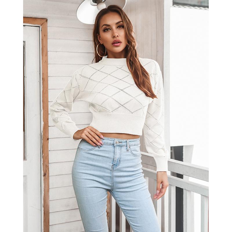 

New Knitted Pullovers Women Autumn Winter Casual Long Sleeve Hollow Out Sweater Crop Top S белый