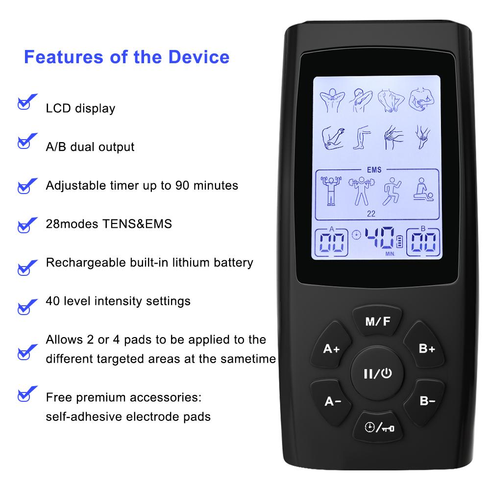 28 Modes TENS EMS Unit Muscle Stimulator for Pulse Pain Relief Rechargeable Portable Dual Channel 40 Intensity Body Massager