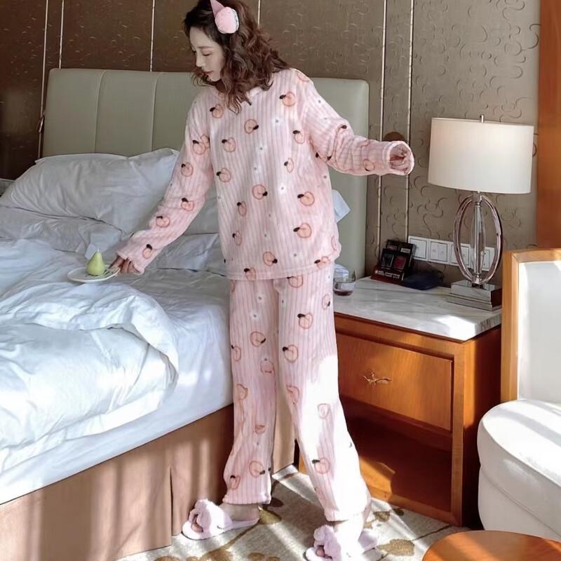 Женский теплый пижамный комплект OEING из кораллового флиса с персиковым принтом One Size