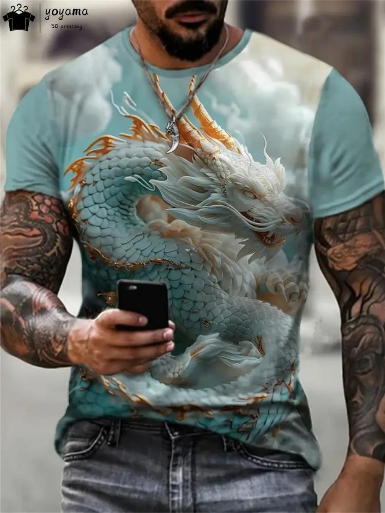 Summer Round Neck 3D Print Top Fashionable Casual Short Sleeved Dragon Pattern Men's T-shirts