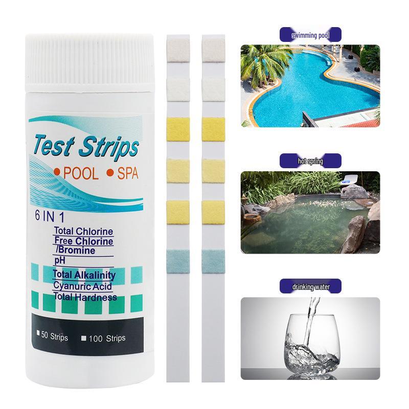 Benzi de testare 6-în-1 pentru acvariu și piscină: Clor, pH, Alcalinitate, Duritate - 50 Benzi per Flacon