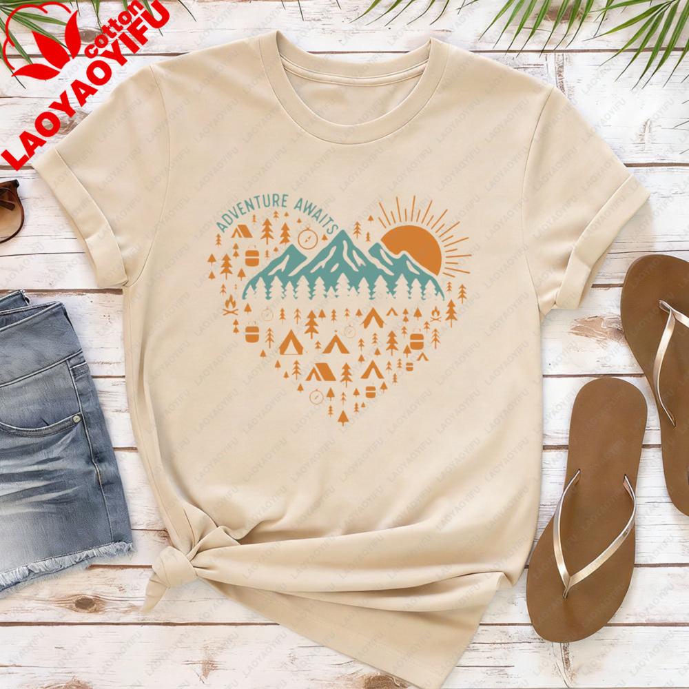 

Adventure Awaits Mountain Heart Print Women TShirt Cotton Short Sleeve Outdoor Travel Gift for Her Casual Fashion Summer Top S